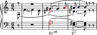 { \new PianoStaff << \new Staff << \new Voice \relative c'' { \clef treble \key a \minor \time 6/8 \voiceOne \partial8 r8 R2. gis4.(~ gis4 \once \override NoteHead.color = #red a8 ais8 b4~ b8) r r } \new Voice \relative c' { \voiceTwo \partial8 a( f'4.~ f4 e8 \once \override NoteHead.color = #red dis2.)( d!4.)~ d8 r r } >> \new Staff << \relative c { \clef bass \key a \minor \time 6/8 \partial8 r8 R2. \once \override NoteHead.color = #red <f b>2.(_\markup { \concat { "Fr" \raise #1 \small "+6" \hspace #8 "V" \raise #1 \small "7" } } <e gis>4.)~ <e gis>8 r r } >> >> }