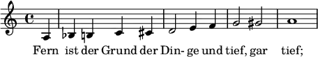 \relative c' { \set Staff.midiInstrument = #"flute" \partial 4 a4 bes b! c cis d2 e4 f g2 gis a1 } \addlyrics { Fern ist der Grund der Din- ge und tief, gar tief; wer will ihn finden? } \layout { \context { \Staff \consists "Horizontal_bracket_engraver" } }