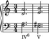 { \new PianoStaff << \new Staff << \relative c' { \clef treble \key c \major \time 3/4 <d a'>2. <e b'> } >> \new Staff << \relative c { \clef bass \key c \major \time 3/4 <f a>2._\markup { \concat { "IV" \raise #1 \small "6" \hspace #3.5 "V" } } <e gis> } >> >> }
