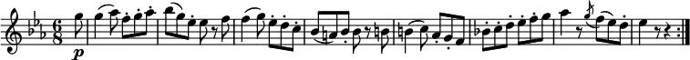 { \relative g'' { \key es \major \time 6/8 \partial 8 g8 \p | g4( as8) f-. g-. as-. | bes8( g) es-. es r f | f4( g8) es-. d-. c-. | bes8( a) bes-. bes r b | b4( c8) as-. g-. f | bes!8-. c-. d-. es-. f-. g | as4 r8 \acciaccatura g f( es) d-. | es4 r8 r4 \bar ":|." }} \layout { \context {\Score \override SpacingSpanner.common-shortest-duration = #(ly:make-moment 1/4) }}