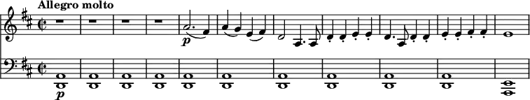 << \new Staff \relative a'' { \key d \major \time 2/2 \tempo "Allegro molto" \tempo 4 = 230 r1 r1 r1 r1 a,2.\p (fis4) a (g) e (fis) d2 a4. a8 d4\staccato d\staccato e\staccato e\staccato d4. a8 d4\staccato d\staccato e\staccato e\staccato fis\staccato fis\staccato e1 } \new Staff \relative a { \key d \major \clef bass <d,, a'>1\p <d a'>1 <d a'>1 <d a'>1 <d a'>1 <d a'>1 <d a'>1 <d a'>1 <d a'>1 <d a'>1 <a e'>1 } >>