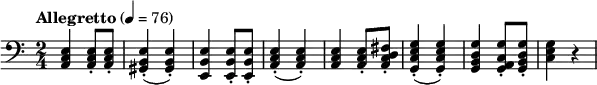 \new Score { \new Staff { \relative c { \set Staff.midiInstrument = #"cello" \time 2/4 \key a \minor \clef bass \tempo "Allegretto" 4 = 76 <a c e>4 q8-. q-. <gis b e>4-.(q-.) <e b' e> q8-. q-. <a c e>4-.(q-.) <a c e>4 q8-. <a c d fis>-. <g c e g>4-.(q-.) <g b d g>4 <g a c g'>8-. <g b d g>-. <c e g>4 r4 } } }