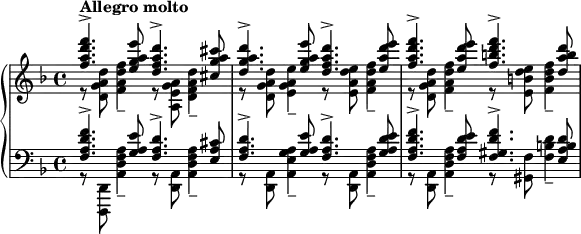 \layout { #(layout-set-staff-size 16) } \relative c'' { \new PianoStaff << \new Staff { \key d \minor << { <f a d f>4.^\markup{\bold{Allegro molto}}-> <e g a e'>8 <d f a d>4.-> <cis g' a cis>8 <d g a d>4.-> <e g a e'>8 <d f a d>4.-> <e a d e>8 <f a d f>4.-> <e a d e>8 <f b d f>4.-> <d a' b d>8 } \\ { r8 <d, g a d> <f a d f>4-- r8 <a, e' g a> <d f a d>4-- r8 <d g a d> <e g a e'>4-- r8 <e a d e> <f a d f>4-- r8 <d g a d> <f a d f>4-- r8 <e b' d e> <f b d f>4-- } >> } \new Staff { \key f \major \clef bass << { <f, a d f>4.-> <g a e'>8 <f a d>4.-> <e a cis>8 <f a d>4.-> <g a e'>8 <f a d>4.-> <g a d e>8 <f a d f>4.-> <f a d e>8 <f gis d' f>4.-> <e a b d>8 } \\ { r8 <d,, d'> <a'' d f a>4-- r8 <d, a'> <a' d f a>4-- r8 <d, a'> <a' e' g a>4-- r8 <d, a'> <a' d f a>4-- r8 <d, a'> <a' d f a>4-- r8 <gis f'> <f' b d>4-- } >> } >> }