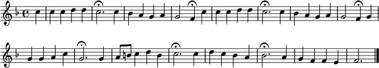  \new Staff << \clef treble \new Voice = "Soprano"   { \key f \major \tempo 4=108 \set Staff.midiInstrument = "oboe" {       \set Score.tempoHideNote = ##t       \override Score.BarNumber #'transparent = ##t       \time 4/4       \relative c'' { \partial 4 c | c4 c d d | c2.\fermata c4 | bes4 a g a | g2 f4\fermata }       \relative c'' { \partial 4 c | c4 c d d | c2.\fermata c4 | bes4 a g a | g2 f4\fermata }       \relative c'' {        g4 | g g a c | g2.\fermata g4 | a8 b c4 d b | c2.\fermata c4 | d c bes a | bes2.\fermata a4 | g f f e | f2. \bar "|."       }     }   } >> 