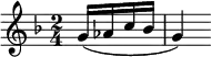 \relative c'' { \clef treble \key f \major \time 2/4 \partial 16*4 g16( aes c bes g4) }