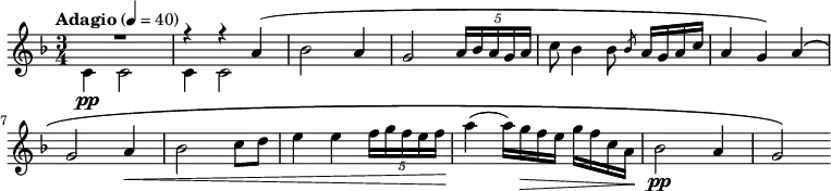 { \clef treble \key d \minor \time 3/4 \tempo "Adagio" 4 = 40 \new Voice = "melody" { << { \voiceOne R2. r4 r4 a'4( } \new Voice { \voiceTwo c'4 \pp c'2 c'4 c'2 } >> \oneVoice bes'2 a'4 g'2 \tuplet 5/4 { a'16 bes' a' g' a' } c''8 bes'4 bes'8 \slashedGrace bes' a'16 g' a' c'' a'4 g') a'\( \break g'2 a'4\< bes'2 c''8 d'' e''4 e'' \tuplet 5/4 { f''16 g'' f'' e'' f'' } a''4\!( a''16) g''\> f'' e'' g'' f'' c'' a'\! bes'2 \pp a'4 g'2\) } }