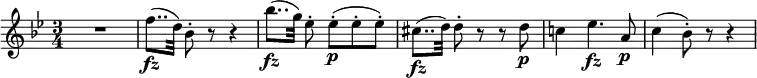  \relative f'' { \key bes \major \time 3/4 R2. | f8..( \fz d32) bes8-. r r4 | bes'8..( \fz g32) es8-. es-.([ \p es-. es-.)] cis8..( \fz d32) d8-. r r d \p | c!4 es4. \fz a,8 \p | c4( bes8-.) r r4 } \layout { \context {\Score   \override SpacingSpanner.common-shortest-duration = #(ly:make-moment 1/16) } }  
