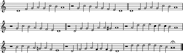 { \key c \major \time 72/2 \set Score.tempoHideNote = ##t \tempo 2=100 \set Staff.midiInstrument = "english horn" \override Score.TimeSignature #'transparent = ##t \override Score.BarNumber #'transparent = ##t \repeat unfold 2 { d'1 f'2 g' a' g' c'' b' a'1 \bar "|" r2 g' c'' b' a' g' f' e' d'1 \bar "||" } r2 d' g' g' e' a' a' gis' a'1 \bar "|" r2 a' d'' d'' e'' c''4 d''2 c''4 b'2 a'1 \bar "|" r2 b' c'' b' a' g' a' f' e'1 \bar "|" r2 d' f' g' a' f'4 g'2 f'4 e'2 d'1 \bar "|" r2 d'' d'' d'' e'' d'' c'' b' a'\breve\fermata \bar "|."}