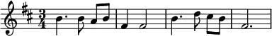   \relative  {   \key b \minor   \time 3/4      b'4. b8\noBeam a b      fis4 fis2       b4. d8\noBeam cis b   fis2.            } 