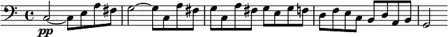 \language "english" \relative c {\clef bass \pp c2~ c8 e8 a8 fs8 g2~ g8 c, a' fs g8 c, a' fs g8 e g f d f e c b d a b g2 }