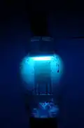 Westinghouse 866A mercury vapor half-wave rectifier tube. Glowing with 180mA in the dark.
