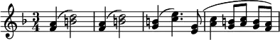 \relative c' { \key f \major \time 3/4 \set Timing.beamExceptions = #'() \set Score.tempoHideNote = ##t \tempo 4 = 160 <f a>4( <b d>2) <f a>4( <b d>2) <g b>4( <c e>4.) <e, g>8( <a c>4 <g b>8 <a c> <g b> <f a>) }