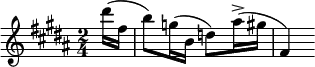 \relative c'' { \clef treble \key b \major \time 2/4 \partial 16*2 dis'16( fis, b8) g16( b, d8) ais'16->( gis fis,4) }
