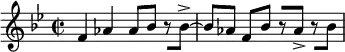  {     \relative c' {         \time 2/2 \key bes \major         \set Score.tempoHideNote = ##t \tempo 2 = 108         f4 aes aes8 bes r[ bes->~] bes[ aes] f[ bes] r[ aes->] r[ bes]     } } 