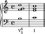 \new PianoStaff << \new Staff << \relative c' { \voiceOne \clef treble \key c \major \time 4/4 <f g d'>1 <e g c> } >> \new Staff << \new Voice \relative c' { \clef bass \key c \major \time 4/4 b_\markup { \concat { "V" \combine \raise #1 \small 6 \lower #1 \small 5 \hspace #6 "I" } } c \bar "||" } >> >>