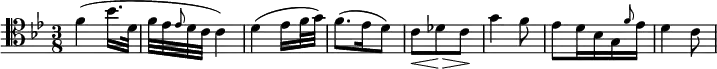 { \relative c' { \clef tenor \key bes \major \time 3/8 f( bes16. d,32 | f ees \grace ees8 d32 c c4) | d( ees16 f32 g) | f8.( ees16 d8) | c\< des\!\> c\! | g'4 f8 | ees d16 bes g \grace f'8 ees16 | d4 c8 } } \layout { \context {\Score \omit BarNumber} line-width = #180 }