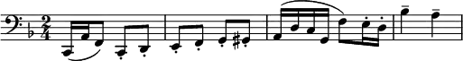 \relative c { \clef bass \key f \major \time 2/4 c,16( a' f8) c-. d-. e-. f-. g-. gis-. a16( d c g f'8) e16-. d-. bes'4-- a-- }