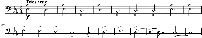\relative c { \set Score.tempoHideNote = ##t \tempo 2 = 86 \set Staff.midiInstrument = #"trombone" \set Score.currentBarNumber = #127 \key c \minor \time 3/4 \clef bass es2.->\f^\markup { \large \bold "Dies irae" } d-> es-> c-> d-> bes-> c-> c-> es-> es-> \break f-> es-> d-> c-> bes-> d-> es-> d~-> d4.~ d8 c4 c2.~-> c2. }