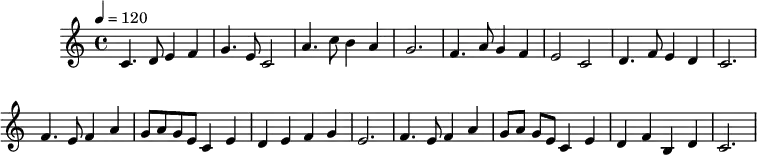 X:173 L:1/4 M:4/4 K:C Q:1/4=120 C3/2D/2EF|G3/2E/2C2|A3/2c/2BA|G3|\ F3/2A/2GF|E2C2|D3/2F/2ED|C3|\ F3/2E/2FA|G/2A/2G/2E/2CE|DEFG|E3|\ F3/2E/2FA|G/2A/2G/2E/2CE|DFB,D|C3|