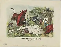 Bull has charged the picnic, which is in complete disarray