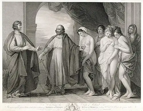 Alfred the Third, King of Mercia, visiting William d'Albanac an engraving by Jean-Baptiste Michel after the original painting by Benjamin West