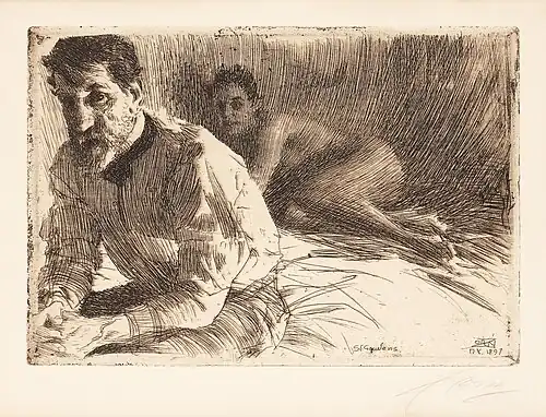 Anderson depicted behind Saint-Gaudens in an etching by Anders Zorn, 1897