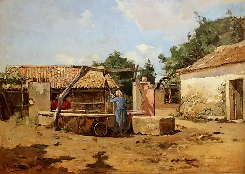 At the Well, oil on paper