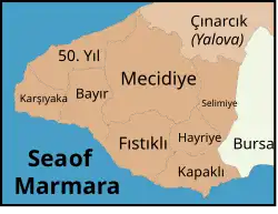 The Map of Armutlu shown with its Neighbourhood-level divisions.