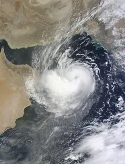 A satellite image of Cyclonic Storm Ashobaa (01A) at peak intensity over the Arabian Sea on 9 June