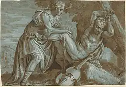 pen and ink sketch on blue paper of Apollo tying Marsyas up