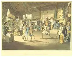 Men and women wearing Nghệ hats at a nhà trò (performing arts centre) in Quảng Nam, 1793