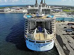 Aerial view of the stern of the Allure of the Seas docked at Port Everglades, Florida