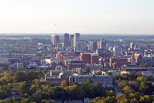 View of Birmingham looking north from the crest of Red Mountain, with Southside (including UAB and Ramsay High School) in the immediate foreground.
