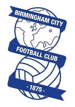 Badge of Birmingham City: a line-drawn globe above a football, with ribbon carrying the club name and date of foundation