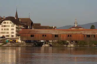 Büren with the historic wooden bridge spanning the Aare