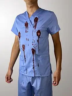 The stunt piece after the scene with blown open "bullet holes" and fake blood.