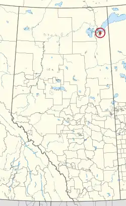 A map of the province of Alberta showing 80 counties and 145 small Indian reserves. One is highlighted with a red circle.