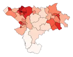 Map of Labour vote share, concentrated in urban seats and some suburbs.