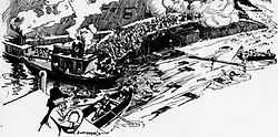 Cartoonist Bob Satterfield witnessed the capsizing from the Clark Street Bridge, and sketched it for his syndicate