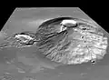 Computer-generated 3D view of Ceraunius Tholus with 5x vertical exaggeration. The image was obtained from THEMIS coverage plus MOLA altimetry. The crater Rahe is at left.