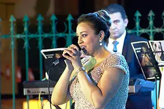 Chahrazed Helal on stage in 2017.