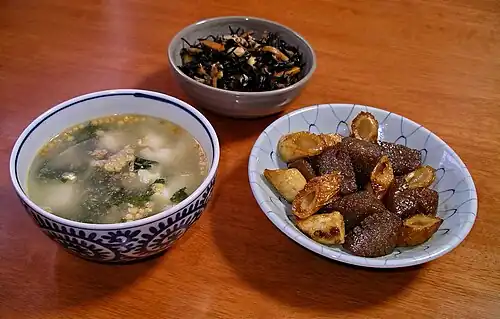 Simmered chikuwa with a bowl of ochazuke, and hijiki seaweed