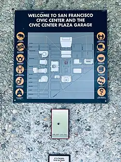 Civic Center Garage map, pointing to Brooks Hall and other nearby facilities