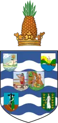 Coat of arms of the British Leeward Islands (1909–1940), with the two shields in the centre representing Saint Christopher and Nevis respectively