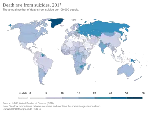 Death rate from suicide per 100,000 as of 2017[231]