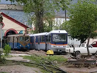 New (Stadler) and old (Decauville) rolling stock of the Diakofto-Kalavrita rack railway at Diakofto Engine Station. April 2009.