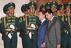 Dmitry Medvedev inspecting the battalion with his Turkmen counterpart in Ashgabat in 2008.
