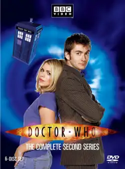 David Tennant and Billie Piper back to back in front of a blue background with a police box in a corner and text reading, "Doctor Who, the complete second season"