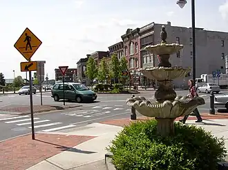 Centennial Circle, a five-leg roundabout in downtown Glens Falls, June 2009
