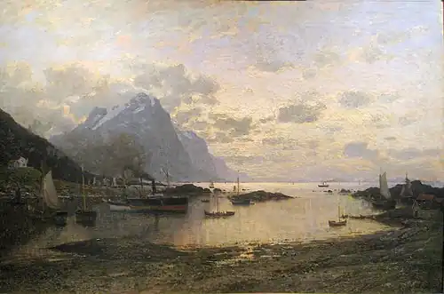 Dampskipsanløp i Lofoten by Adelsteen Normann (1885)